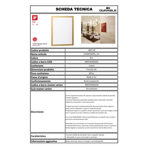 Cornici con pannello magnetico DURABLE DURAFRAME® A4 oro 236x323mm conf. 2 - 487230